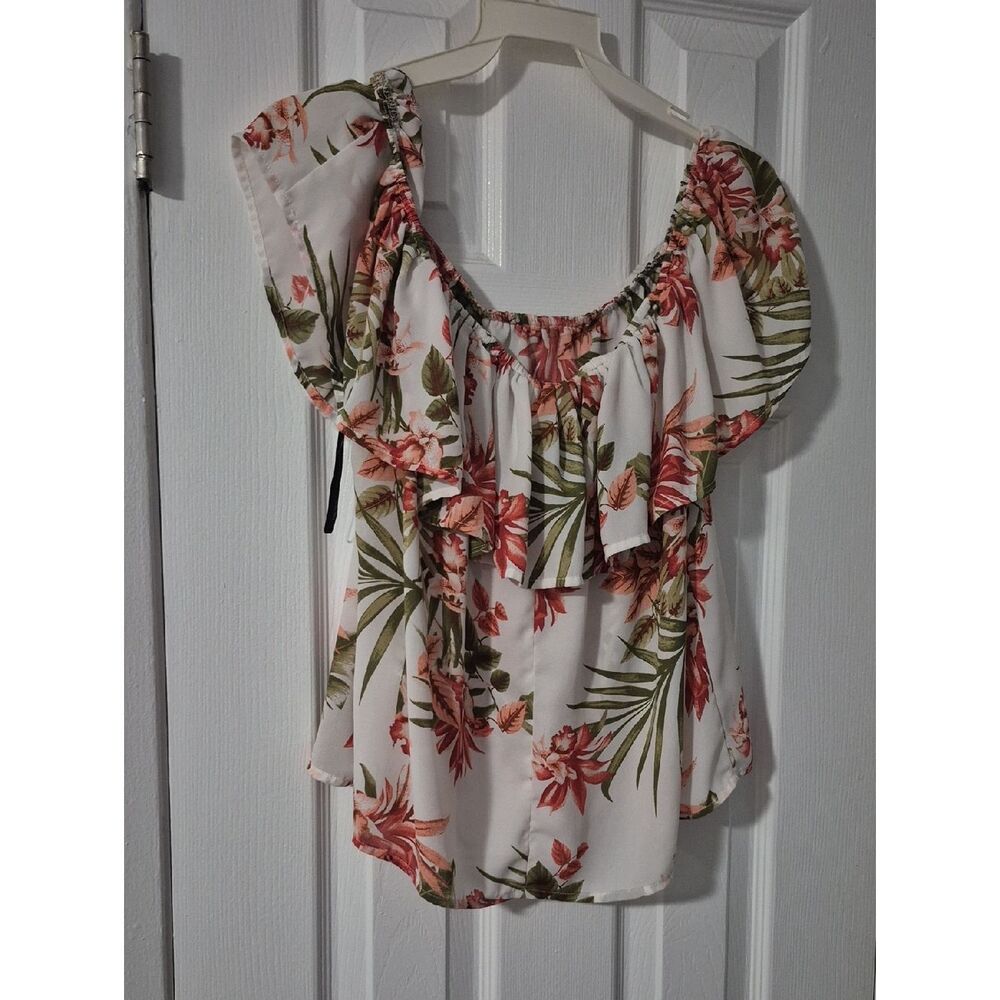 ♡♡♡FOREVER 21Floral Off-Shoulder Ruffle Women's Top -White Pink & Green Sz M